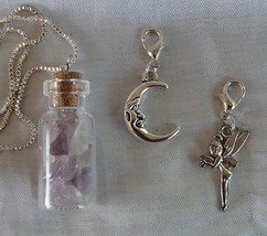Handcrafted Glass Cork Bottle Necklace Fairy &amp; Moon Charms Amethyst .925... - $25.00