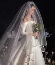 Cathedral Length Wedding Bridal Veil Full Edge Tulle White Veils Wedding Photo  image 1