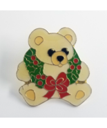 VTG White Teddy Bear Red Bow Holy Christmas Wreath Enamel Pin Swibco Taiwan - $9.99