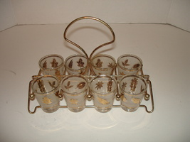Holiday Shot Glass Set - Frosted Leaf / Gold Trim - Set of 8 + Metal Rack - $50.00