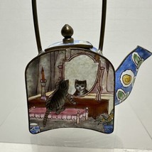 Miniature Enamel Teapot Kitty Cat Bed Mirror Blue 1999 Empress Arts - $29.95