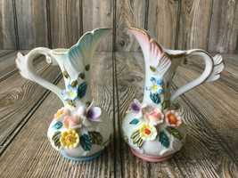 Vintage Small White Porcelain Water Pitcher Flower Vase 3-D Flowers Taiwan - $17.49