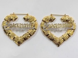 Personalized 14k Gold Overlay Any Name hoop Earrings Heart Bamboo 3 inch - $34.99