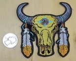 BUFFALO SKULL WITH FEATHERS - IRON-ON / SEW-ON EMBROIDERED PATCH 3.5x3.5... - $6.99