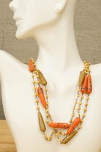Vintage Italian Glass Artisan Beaded Necklace 50&quot; Coral Pink Sage Tan Beads - $30.68