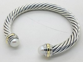 David Yurman Sterling Silver 7mm Pearl And 14K Gold Cable Cuff Bracelet - $424.71