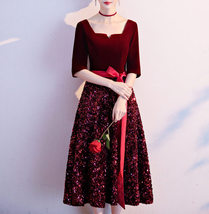 Burgundy Wine Red Half Sleeve Velvet Midi Dress High Waist Bridesmaid Midi Dress image 1