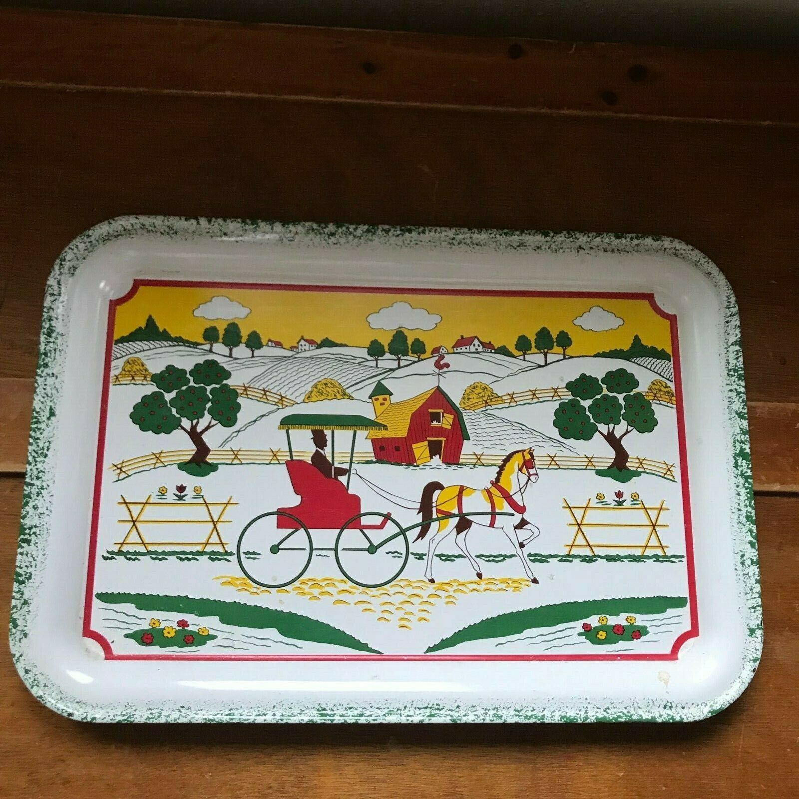 Primary image for Vintage Small Green & White Metal Tray with Horse Drawn Doctor Carriage & Countr
