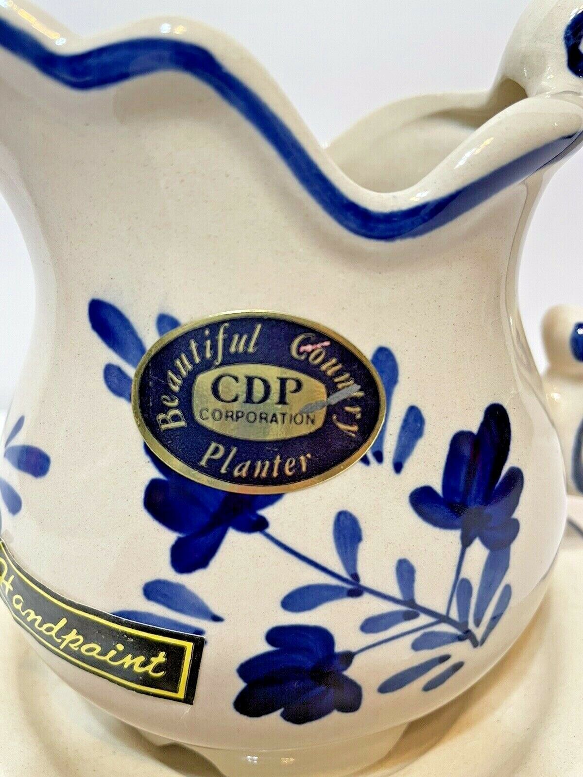 Vintage Cdp Natural White Clay Cream And Blue Pitcher Planter Flowers