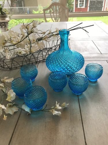 Antique Blue Crystal Glass Italian Decanter Set With 6 Matching