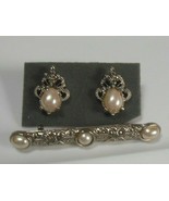 Vintage Victorian Faux Pearl &amp; Marcasite Brooch and Earrings - $24.75
