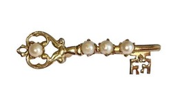 Vintage Gold Tone Heart Lock and Key Bar Pin with Faux Pearls Pin Brooch image 2