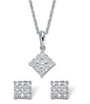 DIAMOND SQUARED CLUSTER STUD EARRINGS NECKLACE SET PLATINUM STERLING SILVER - $645.99