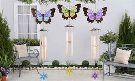 Butterfly Wind Chimes 38" Long Hanging Iron Glass Choice Color Blue Green Purple