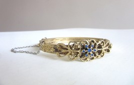 Florenza Hinged Bangle Bracelet Sapphire Blue Rhinestones  Engraved Gold... - $29.99