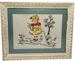 Framed Vintage Needlepoint Little Girl Child with Flowers Bouquet and Dog Tree - $50.48