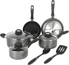 Oster Herstal Aluminum Cookware Set with Ceramic Non-Stick and Soft Touch  Bakelite Handle with Tempered Glass Lids, 11-Piece, Black w/White Interior