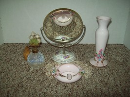 Vintage vanity set mirror perfume atomizer Lefton vase ash tray porcelai... - $20.00