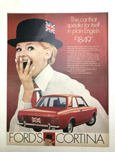 Red Ford Cortina 1970s Print AD Blonde Girl in Hat with British Flag - $6.59