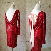 Sexy Wine Red Fitted Long Sleeve Open Back Sequin Dress Plus Size Party Dress