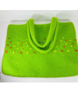 Vintage Hand Knit Felted Boiled Wool Boho Hippie Tote Purse Lime Green Large  - $59.99