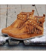  Mountain Moccasins Tassel Fringe Rivet Strap Hand Sewn Clay Color Ankle... - $76.95