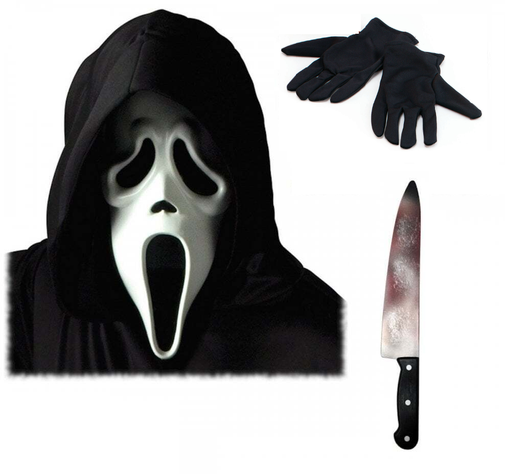 Official Scream Mask with Hood + Bloody Butcher Knife + Black Gloves ...