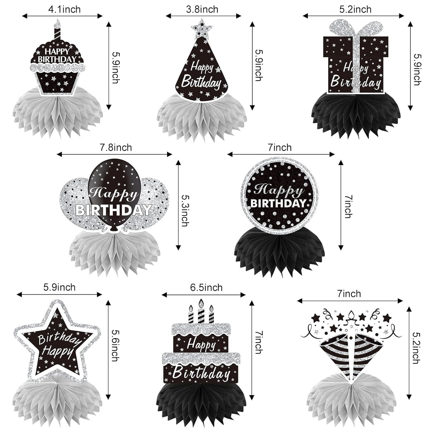 8Pcs Black White Silver Birthday Decorations Centerpieces For