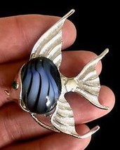 ANGEL FISH Vintage BROOCH Pin in Silver-Tone Blue Glass and Green Rhines... - $22.00