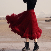 Burgundy Midi Puffy Tutu Skirt Plus Size High Waisted Layered Tulle Skirt image 7
