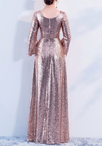 Long Sleeve Rose-Gold Maxi Sequin Dress Women Maxi Sequin Evening Gown Plus Size image 3