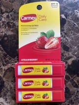 Lot Of 3 Carmex Daily Care Moisturizing Lip Balm -STRAWBERRY, Spf 15 -ON Cards - $11.30