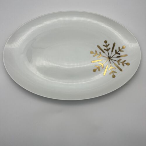 Threshold Snowflakes Serving Plate Gold Oval Holiday Stoneware Tray Platter - $14.84