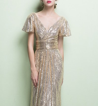 GOLD Maxi Sequin Dress Cap Sleeve High Waist Retro Style Plus Size Sequin Dress image 6