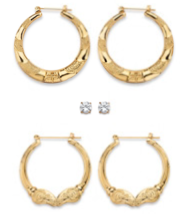 Cz 3 Pair Set Of Round Stud And Textured Hoop Earrings Gold Tone 2" - $94.99