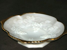 Vintage Anchor Hocking Milk Glass Grape Pattern Footed Candy Dish Gold Trim - $17.82