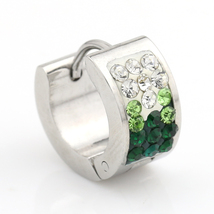 Silver Tone Huggie Hoop Earrings With Faux Emerald & Swarovski Style Crystals - $19.99