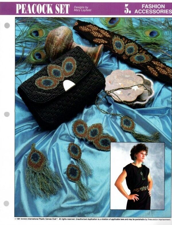 Peacock Set Belt Pin Earrings & More Pattern for Plastic Canvas Annie's - $7.70