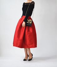 Women Red A-line Pleated Taffeta Skirt Ruffle Plus Size Pleated Skirt Outfit