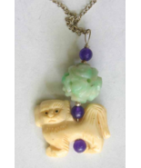    Judy Strobel Antique Carved Bone &amp; Jade  Pekinese Dog Pendant Necklace - $39.95
