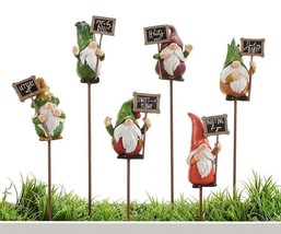 Gnome Garden Plant Stakes Set of 6 with Sentiment 11.4" high Resin Metal