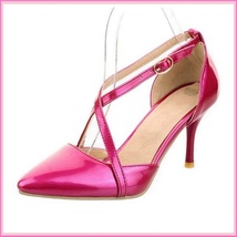 Low Spike Stilletto High Heels Criss Cross Strap Fire Pink PU Leather Sandals  image 3