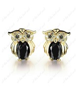 1.60Ct Oval Shape Black &amp; White Diamond Owl Stud Earrings 14K Yellow Gol... - $126.22
