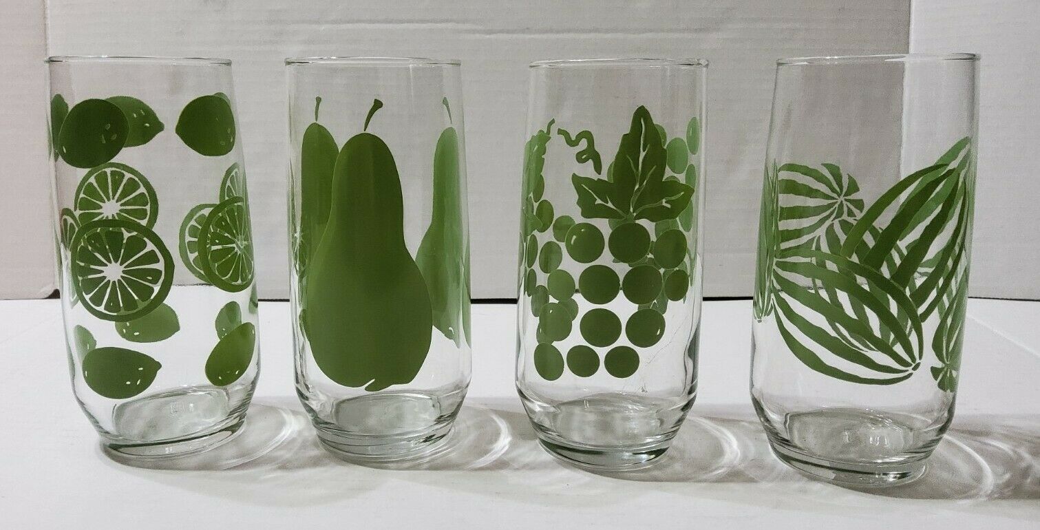Primary image for Vintage Anchor Hocking Green Fruit Drinking Glasses Lemon Watermelon Grapes Pear