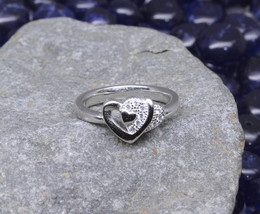 925 Sterling Heart Shape Silver Ring White CZ Studded Platinum Finish - $16.41