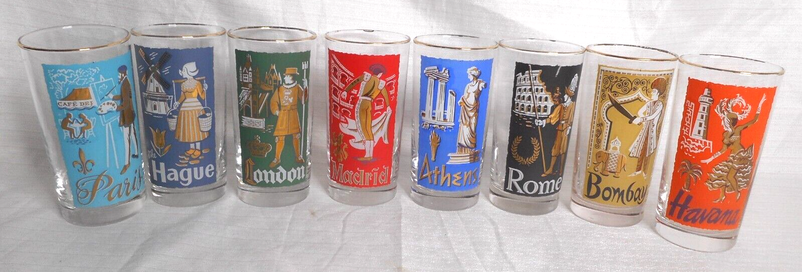Vintage Libbey International Cities of The World Set8 MCM Highball Glasses 12oz Drinkware