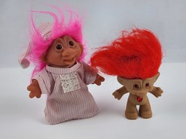 Pair vintage Troll Dolls Red Hair Gem Belly / Pink Hair Pajama outfit Ac... - $19.00