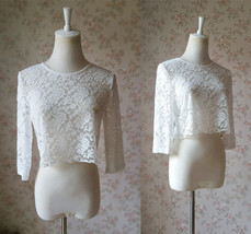 3-Quarters Sleeve White Lace Top Loose Wedding Bridesmaid Crop Lace Top Plus image 1