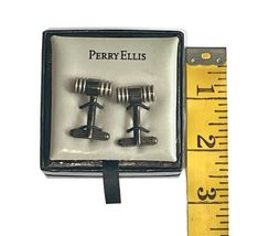 NEW Box Men Perry Ellis Silver Gunmetal Cuff Links $37 Retail 2 Piece Set image 10