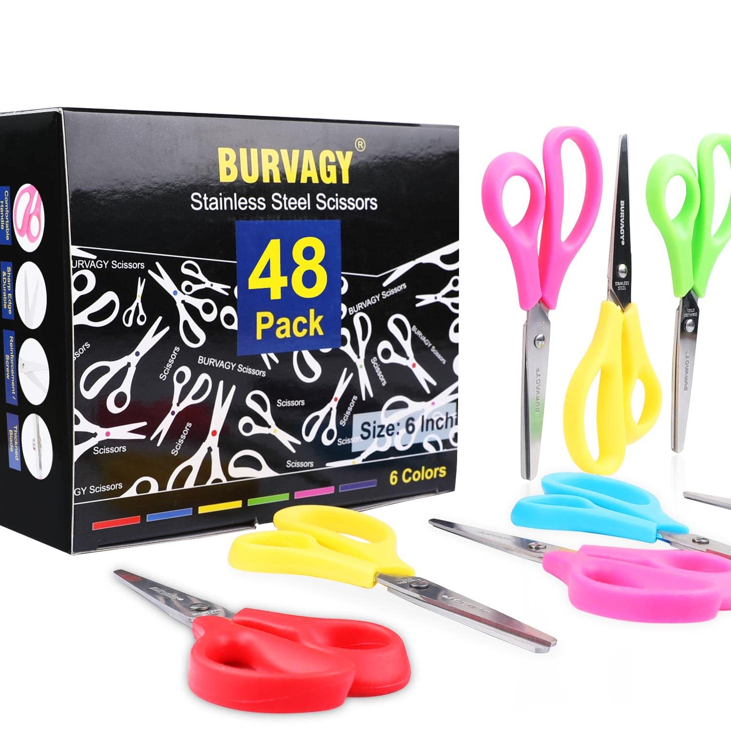 Scissors, 6 Multipurpose Scissors Bulk 48-Pack, Right/Left Handed Comfort-Grip